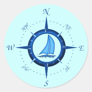 Segelboot und Kompassrose Runder Aufkleber