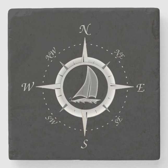 Segelboot und Kompassrose Steinuntersetzer (Vorderseite)