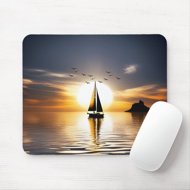 Segelboot und Möwen bei Sonnenuntergang Mousepad (Mit Mouse)