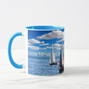 Segelboot-und Ozean-Ansicht-blaue Kaffee-Tasse Tasse