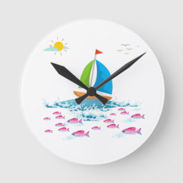 Segelboot und Rotfisch Runde Wanduhr