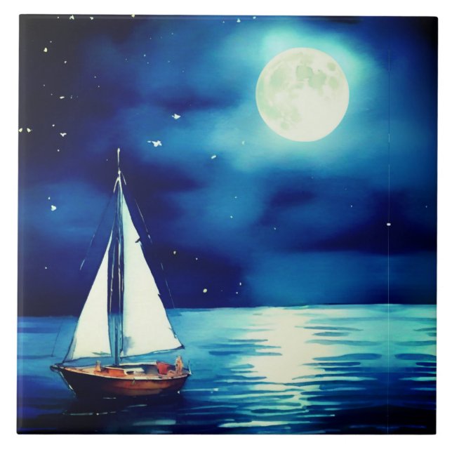 Segelboot unter Vollmond Fliese (Vorderseite)