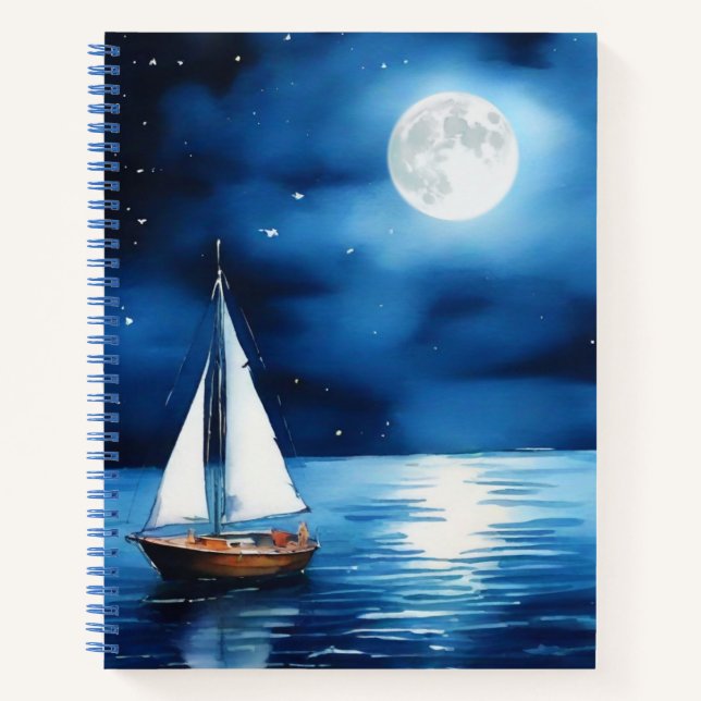 Segelboot unter Vollmond Journal Notizbuch (Vorderseite)