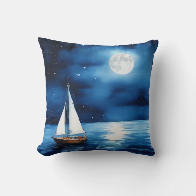 Segelboot unter Vollmond Kissen (Vorderseite)