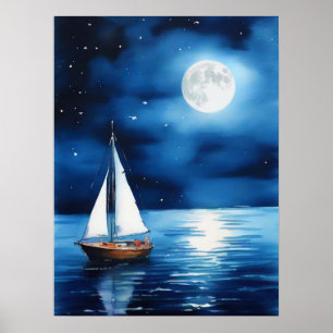 Segelboot unter Vollmond Poster