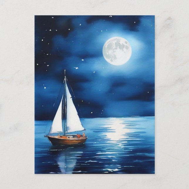 Segelboot unter Vollmond Postkarte (Vorderseite)