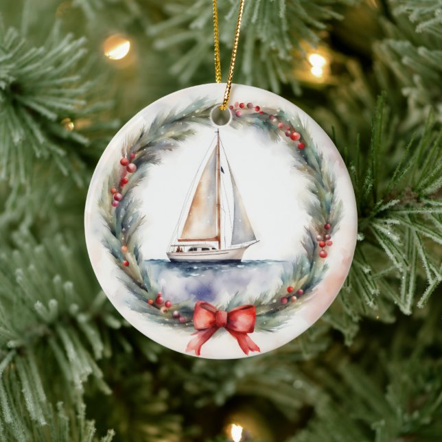 Segelboot Wasserfarbe in einem Weihnachtskranz Keramik Ornament (Baum)