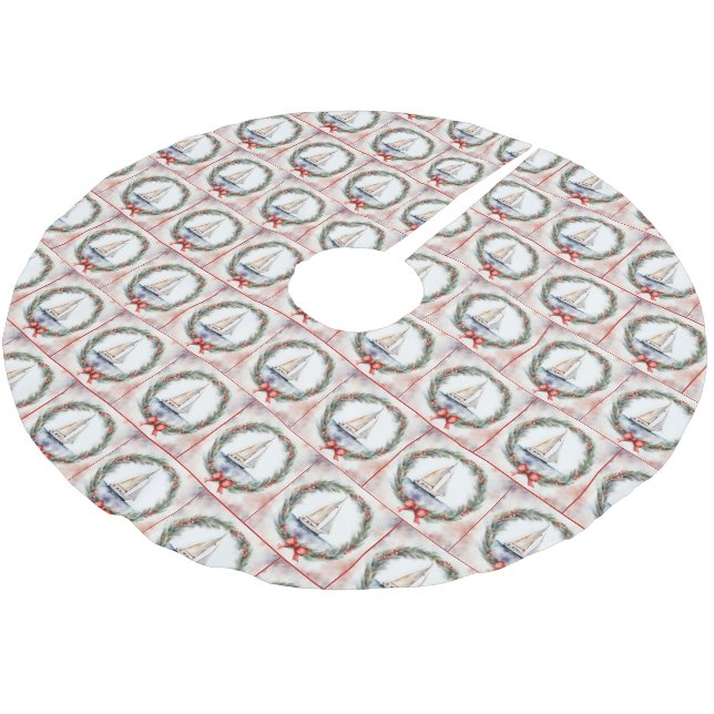 Segelboot Wasserfarbe in einem Weihnachtskranz Polyester Weihnachtsbaumdecke (Schrägansicht)
