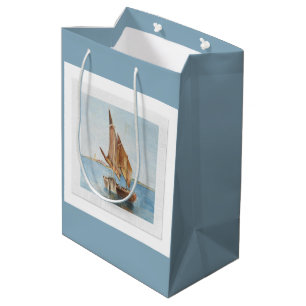 Segelboot-Wasserfarbenbild im Vintage-Stil   Küste Mittlere Geschenktüte