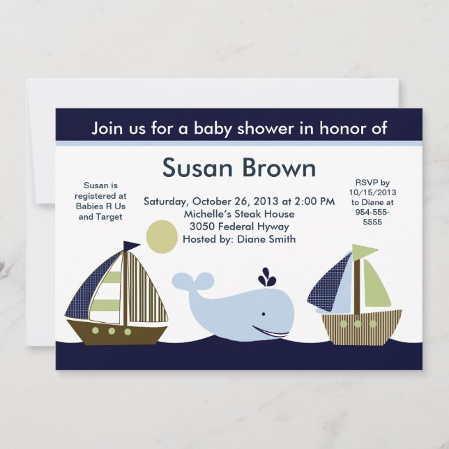 Segelboot / Whale Babydusche Einladung (Vorderseite)