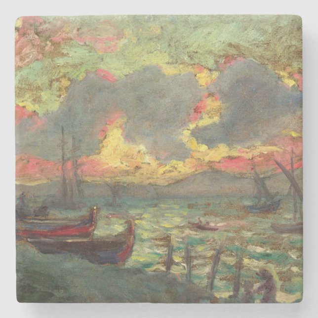 Segelboote an der Küste (von Kimon Loghi) Steinuntersetzer (Vorderseite)