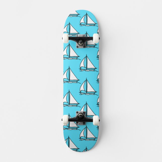 Segelboote auf blauem Seemuster Skateboard (Vorderseite)
