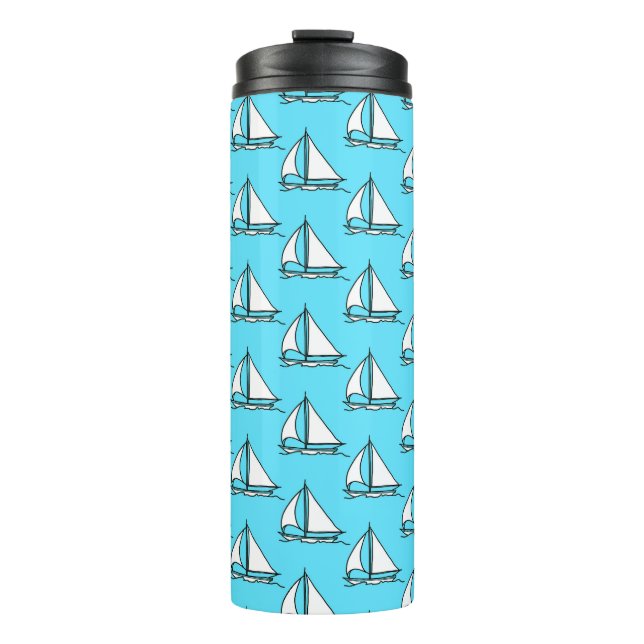 Segelboote auf blauem Seemuster Thermosbecher (Vorderseite)