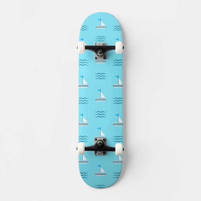Segelboote auf dem blauen Seemuster Skateboard (Vorderseite)
