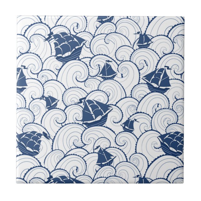Segelboote auf dem Seemuster Fliese (Vorderseite)
