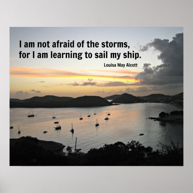 Segelboote im Hafen mit Zitat über Stürme. Poster (Vorne)