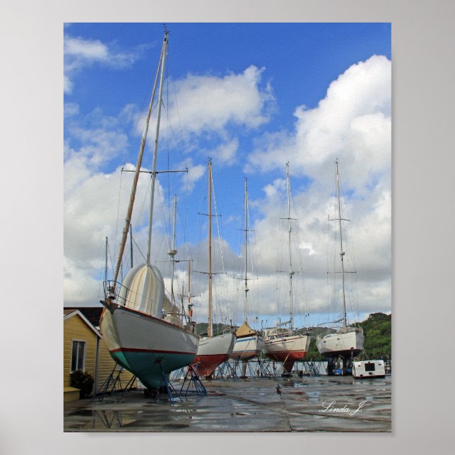 Segelboote in Dry Dock in Antigua Canvas Print Poster (Vorne)