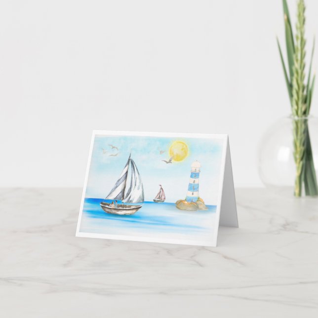 Segelboote in einer Blue Ocean Note Card (Leere In Dankeskarte (Vorderseite)