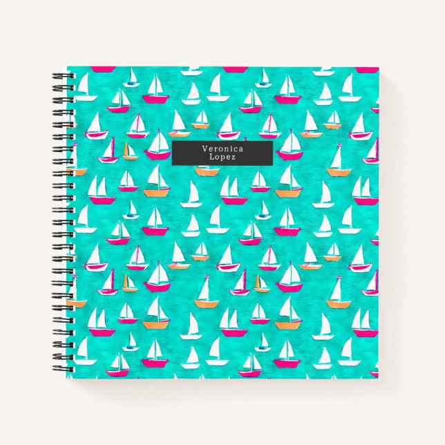 Segelboote Muster Pink & Aqua Notizbuch (Vorderseite)