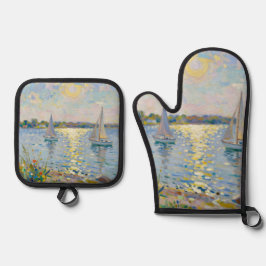 Segelboote Neuengland Sommer Ofenhandschuh & Topflappen-Set