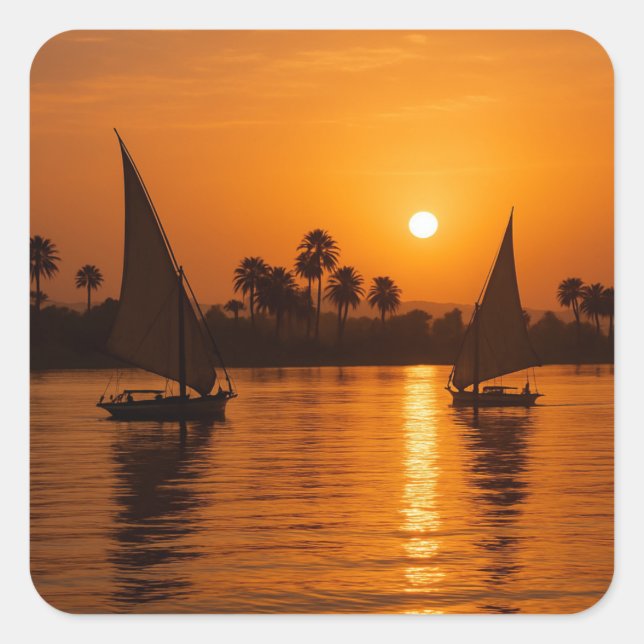 Segelboote Nil Ägyptische Sonnenuntergang Kunst Quadratischer Aufkleber (Vorderseite)