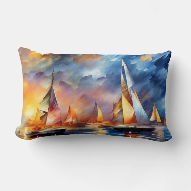Segelboote rennen abstrakte, moderne blaue Sonne.  Lendenkissen (Vorderseite)