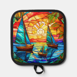 Segelboote und Sonnenuntergänge Glaskunst Topflappen