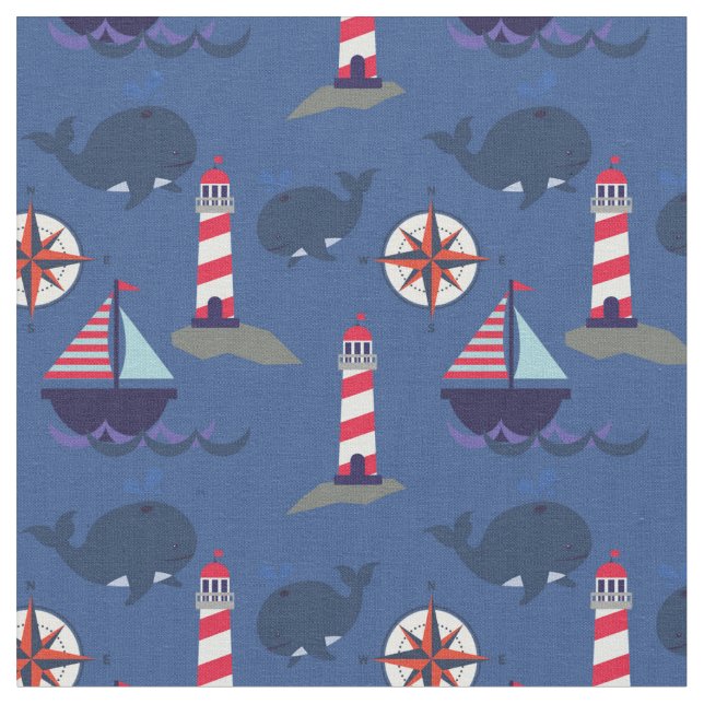 Segelboote und Wale | Leuchttürme Nautical Stoff (Nahaufnahme)