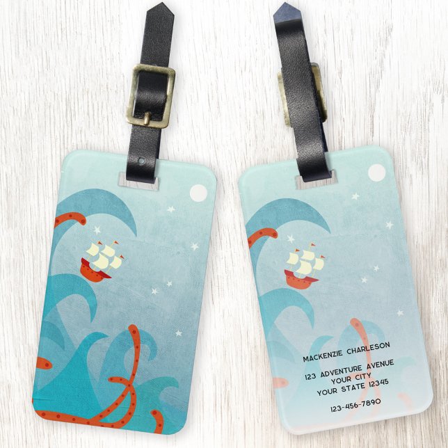 Segelbootmonster Spaß Personalisiert Gepäckanhänger (Fun sailing boat ship nautical adventure personalized luggage tag for sailors and voyagers)