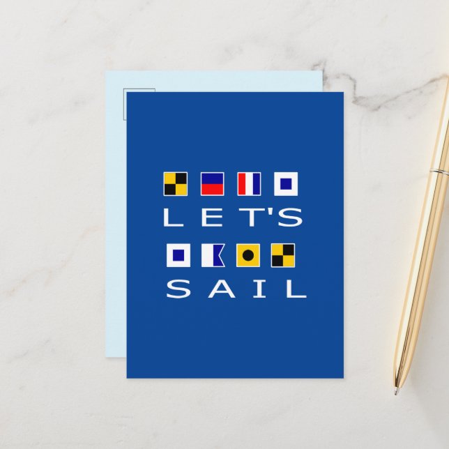 Segelen wir farbenfrohe nautische Flaggen dunkle F Postkarte (Vorderseite/Rückseite Beispiel)