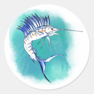 Segelfisch in Aquarellfarbe Runder Aufkleber