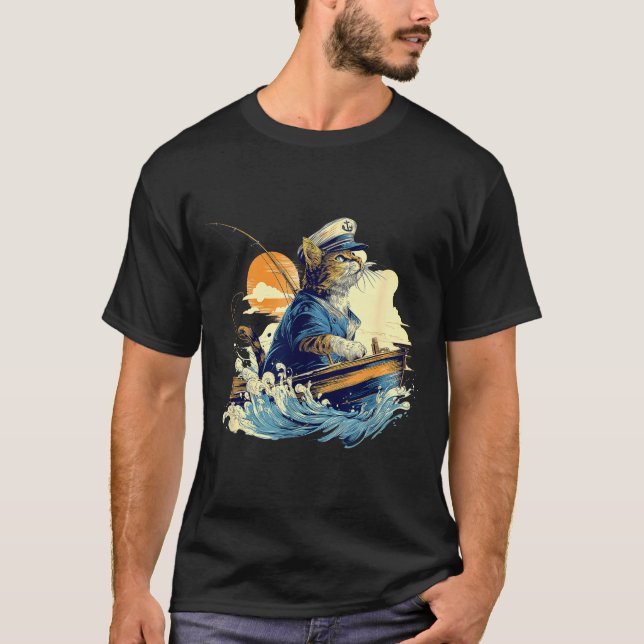 Segelkatze Kapitän Boot Fischen  T-Shirt (Vorderseite)