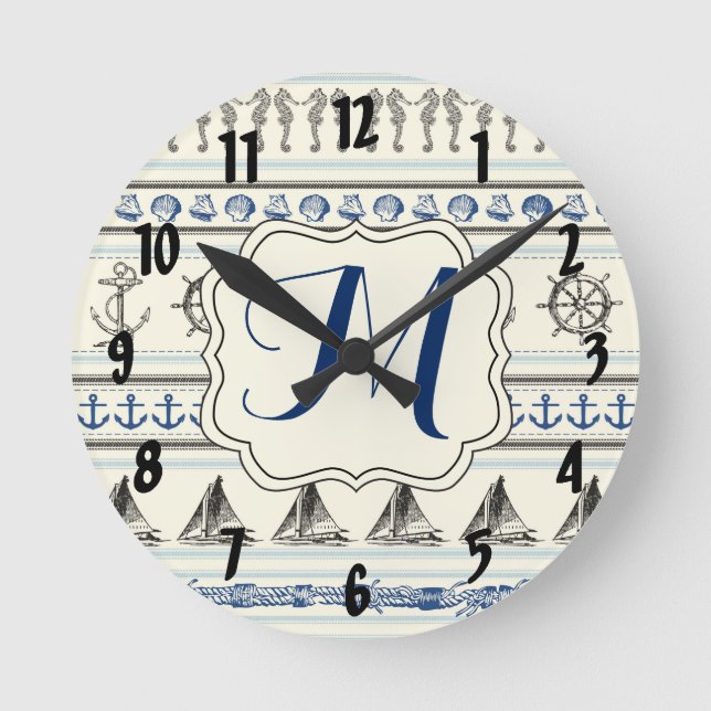 Segeln-Anker Nautica Monogramm-Initialen-Wanduhr Runde Wanduhr (Vorderseite)