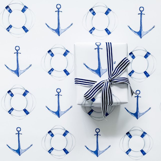 Segeln Blue Anchor und Life Ring Nautic Geschenkpapier Set (Sailing boat anchor and life buoy blue wrapping paper)
