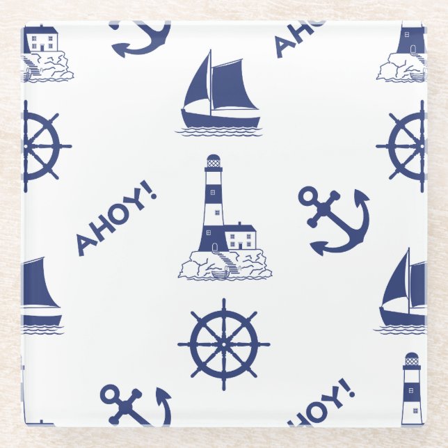 Segeln Illustration Big Pattern Navy Blau Glasuntersetzer (Vorderseite)