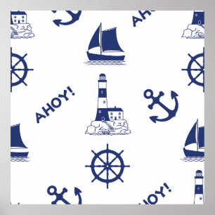 Segeln Illustration Big Pattern Navy Blau Poster