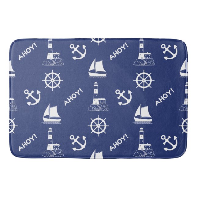 Segeln Illustrative Big Ptn White + Navy Blue Badematte (Vorderseite)