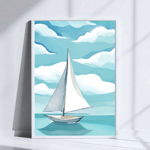 Segeln in Blau Aquarell Aqua-Ozeanwellen Poster