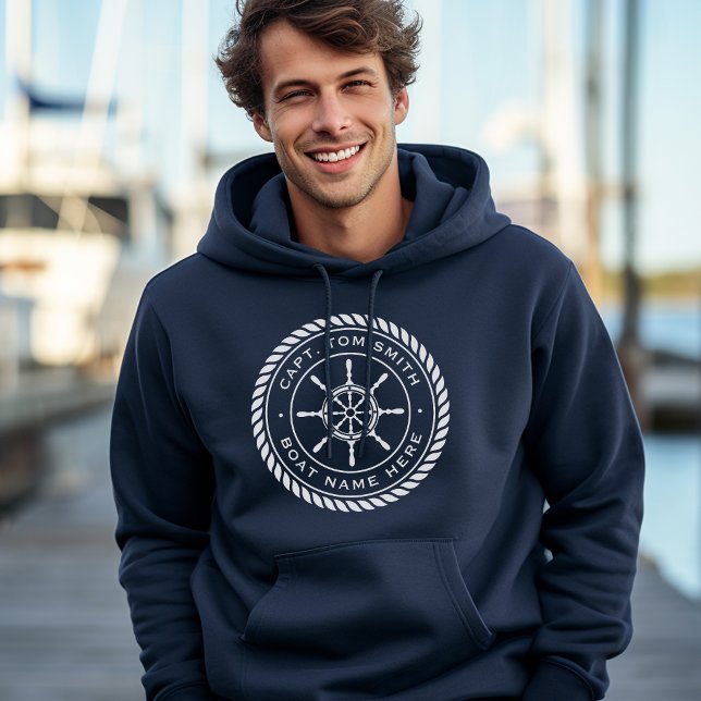 Segelrahmen für das Schiff Hoodie (Captain boat name rope frame nautical ship's wheel hoodie)
