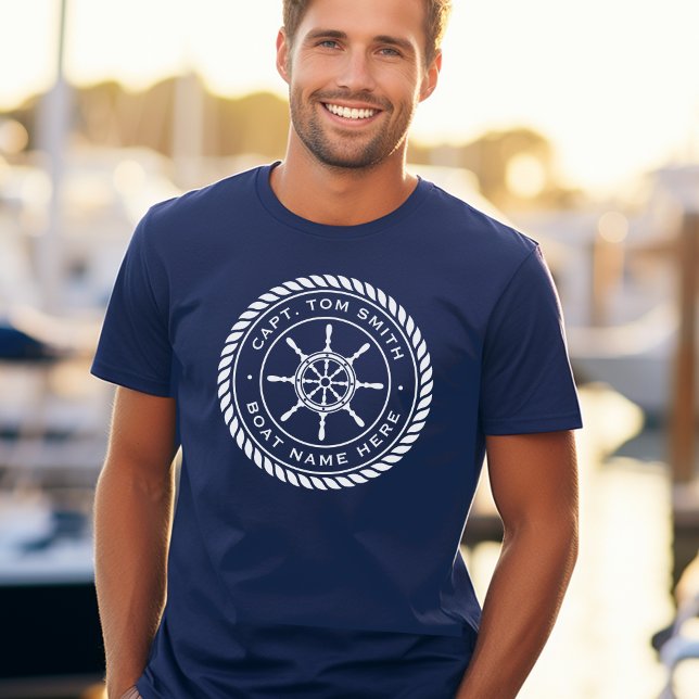 Segelrahmen für das Schiff T-Shirt (Captain boat name rope frame nautical ship's wheel T-Shirt)