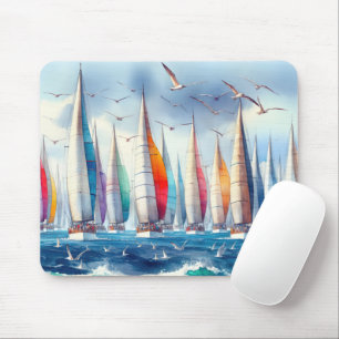Segelregatta mit hochfliegenden Möwen Mousepad