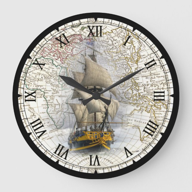 Segelschiff  ~ 1789 Osthalbkugel Karte ~   Große Wanduhr (Vorderseite)