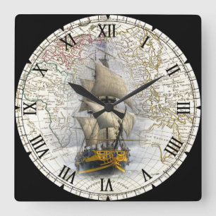 Segelschiff ~ 1789 Osthalbkugel Karte ~ Quadratische Wanduhr