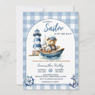 Segelschiff-Bär Blau Gingham-Baby-Shower-Einladung Einladung