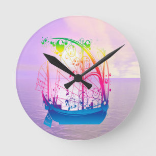 Segelschiff bei Morgendämmerung Runde Wanduhr