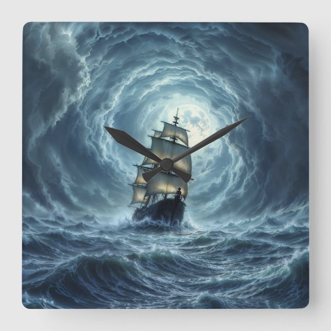Segelschiff epischen Sturm dunkle Fantasie Dekorat Quadratische Wanduhr (Vorderseite)
