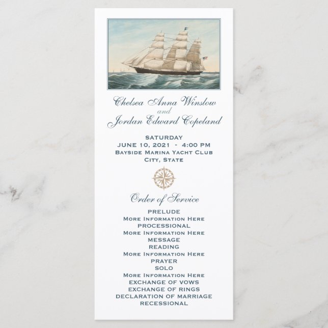 Segelschiff im nautischen Stil | Hochzeitsprogramm Programm (Vorderseite)