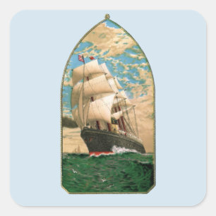 Segelschiff im Vintage-Stil mit amerikanischer Fla Quadratischer Aufkleber
