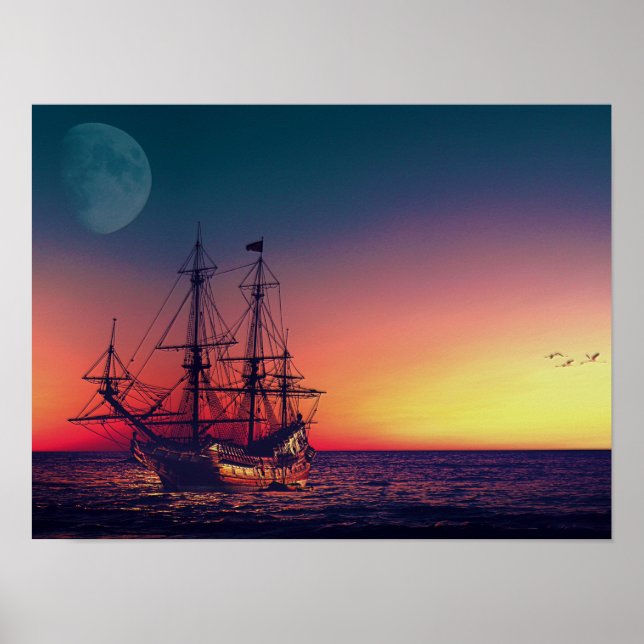 Segelschiff in den Sonnenuntergang Poster (Vorne)