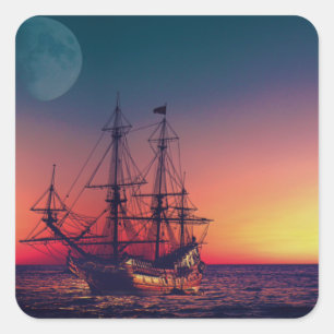 Segelschiff in den Sunset Quadratischer Aufkleber